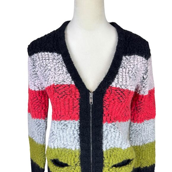 A.L.C. Alpaca Wool Blend Multi Color Stripe Boucle Knit Zipper Cardigan Sweater - Picture 6 of 16